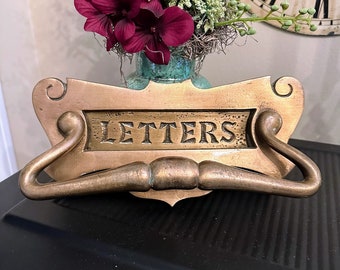 Antique or vintage brass "Letters" door mail slot, gold color, 9" x 4" size, home or office decor, front door decor, stationery collector