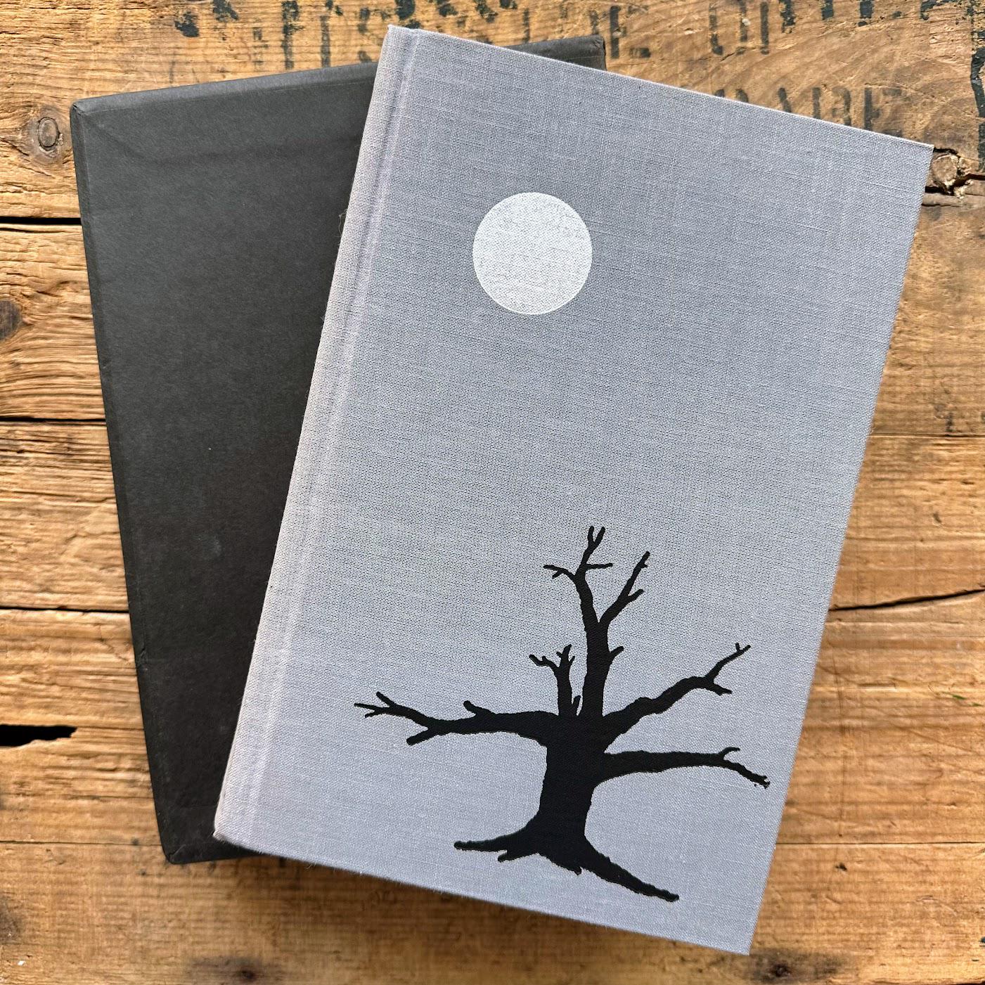 Large vintage 1969 Edgar Allan Poe Tales of Mystery & Imagination book with box, tree and moon cover, the tell-tale heart, Halloween decor