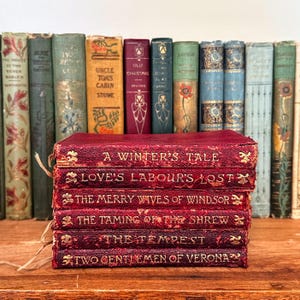 6 antike Shakespeare Bücher, Ein Wintermärchen, Der Widerspenstigen Zähmung, Der Sturm, rote Leder antiquarische Bücher, Komödien, Bibliothek Dekor