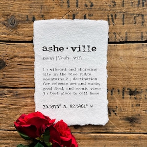 asheville north carolina definition print in typewriter font on handmade paper, blue ridge mountains, art studio decor, new home gift
