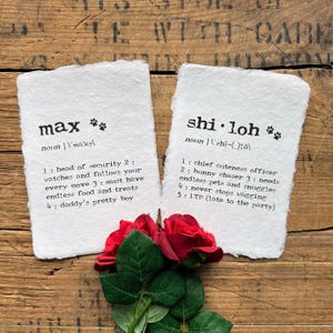 custom pet name definition print with paw prints in typewriter font on handmade paper, pet loss sympathy gift, new dog mom, cat lady