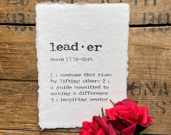 leader definition print in typewriter font on 5x7, 8x10, 11x14 handmade paper, office decor, gift for boss, team leader, role model, mentor