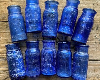 Lot of 10 small 2.5" antique cobalt blue Bromo Seltzer Emerson Drug Co. Baltimore MD bottles, antique bottle decor, blue apothecary bottles