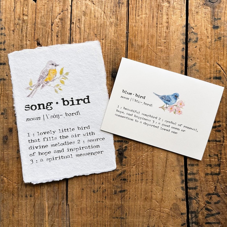 songbird definition print in typewriter font on 5x7, 8x10, 11x14 handmade paper with original watercolor, bird watcher, spring renewal quote image 2
