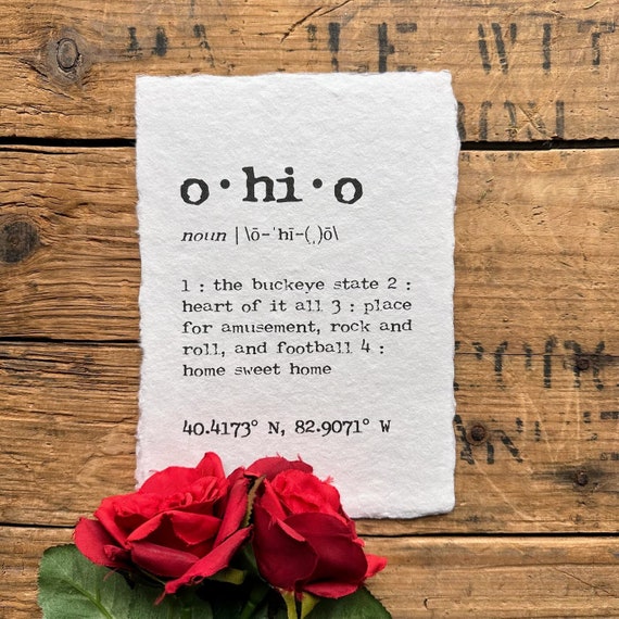 ohio definition print in typewriter font on handmade paper, ohio state buckeyes, cleveland, columbus, cincinnati, toledo, housewarming gift