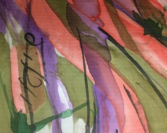 Extra Large silk scarf, green-purple- pink, hand painted by an artist