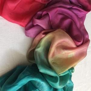 Extra-large silk scarf, hand painted with rainbow colors: red, purple, yellow & turquoise