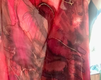 Red  Extra-Large Silk Scarf, Hand Painted by an Artist, Long Rectangular Warp, Huge Oblong Shawl.