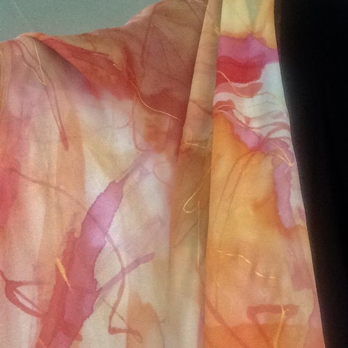 Extra-large silk scarf, hand painted by shops an artist, orange & fuchsia with threads of gold