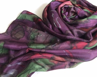 Extra-large purple silk scarf, hand painted by an artist: abstract design with aubergine-purple, green, red + threads of silver