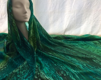Green large silk scarf, hand painted, oblong shawl, rectangular wrap