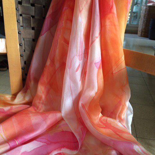 Extra-large silk scarf, hand painted by shops an artist, orange & fuchsia with threads of gold