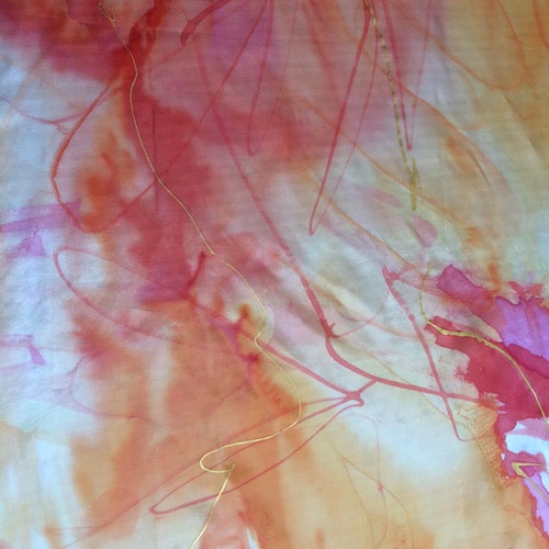 Extra-large silk scarf, hand painted by shops an artist, orange & fuchsia with threads of gold