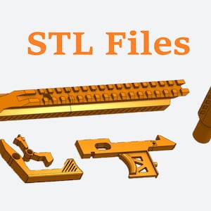 May include: Orange 3D-printed components, including a long rail with multiple slots, a cylindrical piece, and two other angular parts. The text "STL Files" is displayed in orange at the top of the image.
