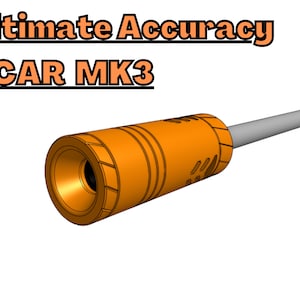 May include: Orange and gray metal barrel extension for a BCAR MK3 rifle. The barrel extension is designed for ultimate accuracy.