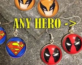 Superhero Earrings, Superhero Dangle Earrings, Superhero Charm Earrings, Superhero Stud Earrings, Comic Book earrings, Comic earrings