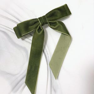 Velvet Hair Bow Long Ribbon Tails, Hair Clip, French Barrette, Olive Green Velvet, Hair Accessory, Hair Bow