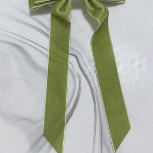 Velvet Hair Bow Long Ribbon Tails, Hair Clip, French Barrette, Olive Green Velvet, Hair Accessory, Hair Bow