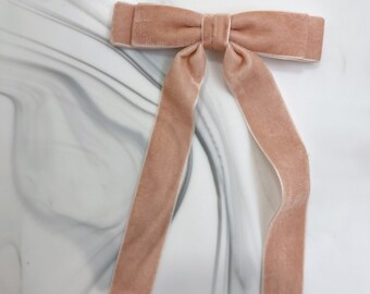 Lazo de terciopelo para el pelo con colas largas, pinza para el pelo, pasador francés, rosa empolvado, accesorio para el pelo, lazo para el pelo, regalo para ella