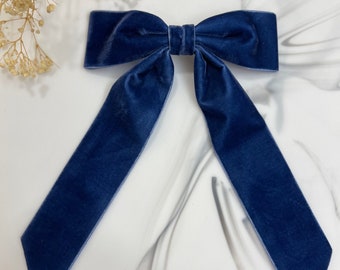 Lazo de pelo de terciopelo, cinta grande, colas de cinta largas, clip para el cabello, barrette francés, terciopelo azul denim, accesorio para el cabello, lazo para el cabello, regalo para ella