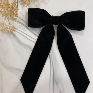 Velvet Hair Bow, Large Ribbon Style, Long Ribbon Tails, Hair Clip, French Barrette, Black Velvet, Hair Accessory, Hair Bow, Gift for her