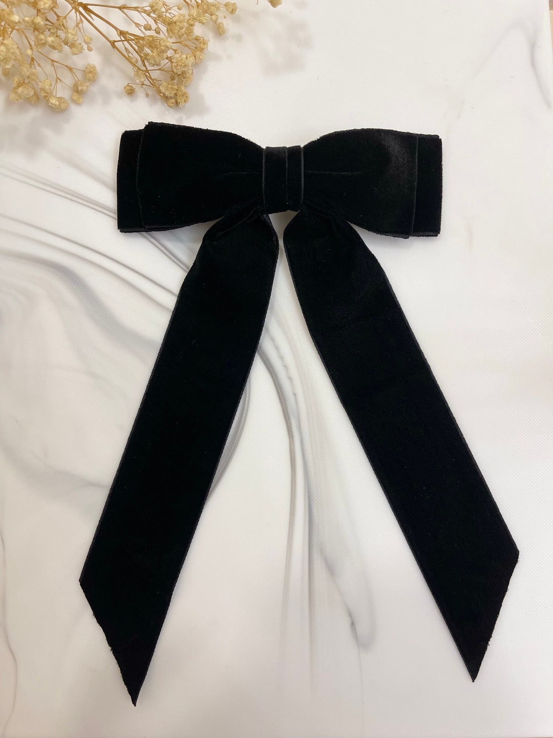 Velvet Hair Bow, Stacked Bow, Large Ribbon Style, Long Ribbon Tails ...
