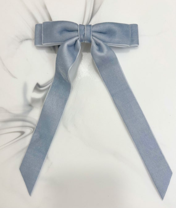 Velvet Hair Bow Long Ribbon Tails, Hair Clip, French Barrette, Dusty Blue, Hair Accessory, Hair Bow