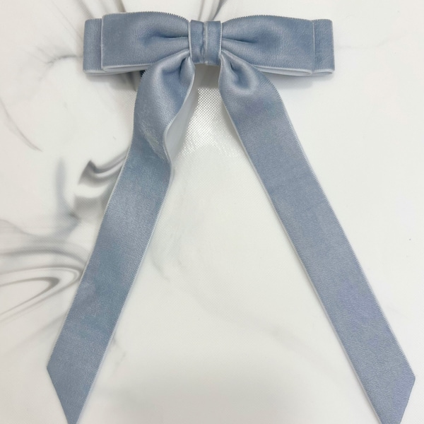 Velvet Hair Bow Long Ribbon Tails, Hair Clip, French Barrette, Dusty Blue, Hair Accessory, Hair Bow