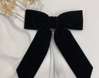 Velvet Hair Bow, Wide Ribbon Style, Hair Clip, French Barrette, Black Velvet, White, Hair Accessory, Hair Bow, Gift for her