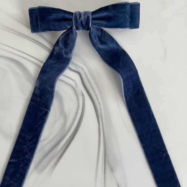 Samt Haarschleife Lange Band Schwänze, Haarspange, Französische Haarspange, Denim Blau, Haarschmuck, Haarschleife