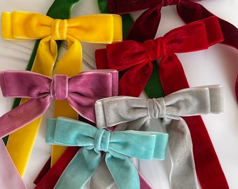 Velvet Hair Bow Long Ribbon Tails, Hair Clip, French Barrette, Hair Accessory, Hair Bow