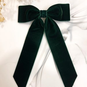 Velvet Hair Bow, Large Ribbon Style, Long Ribbon Tails, Hair Clip, French Barrette, Dark Green Velvet, Hair Accessory, Gift for her