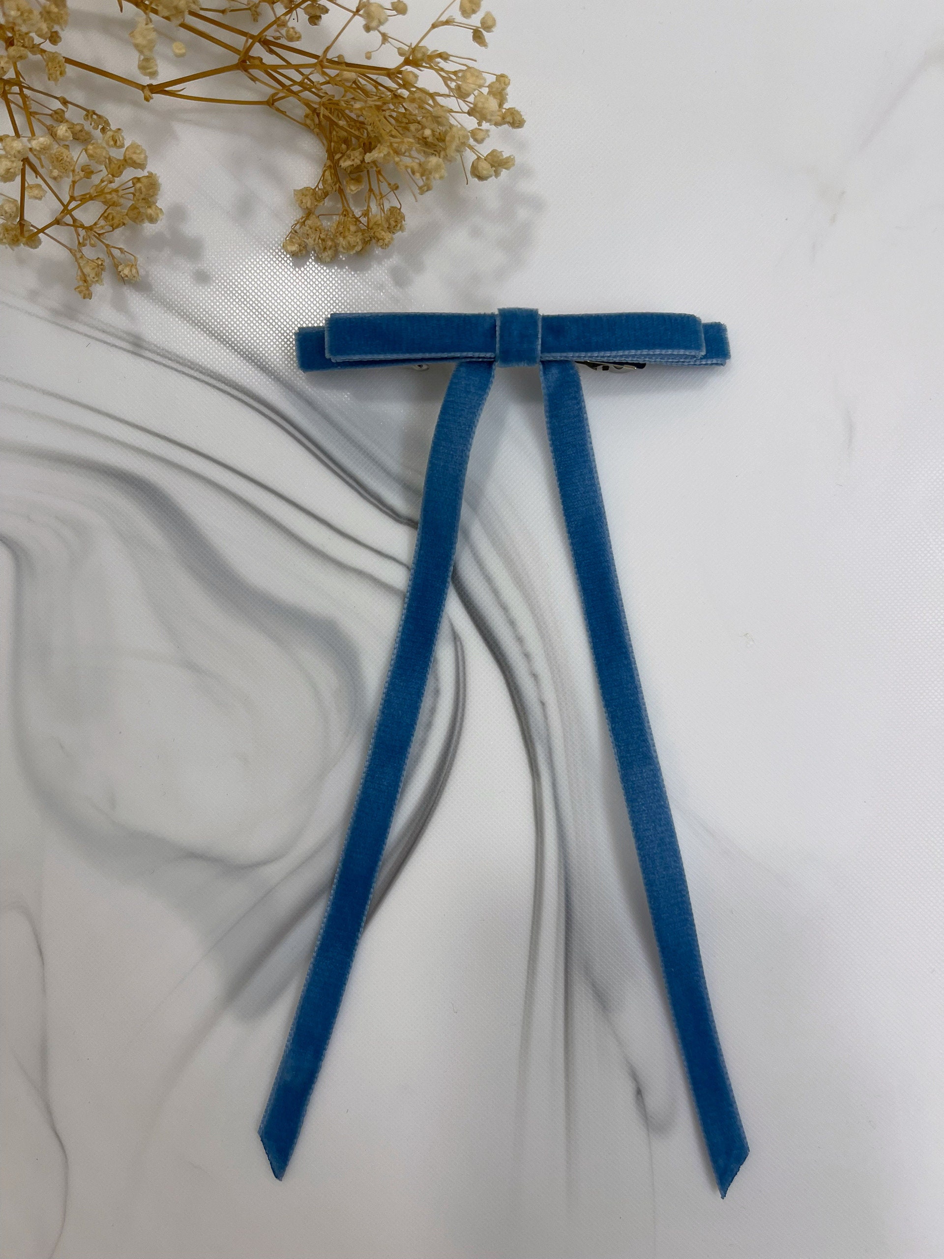 Velvet Hair Bow Swiss Ribbon Long Ribbon Tails, Hair Clip, French Barrette, Williamburg Blue Velvet, Hair Accessory, Hair Bow, Gifts for Her