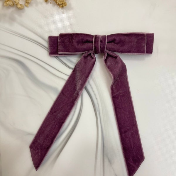 Velvet Hair Bow Long Ribbon Tails, Hair Clip, French Barrette, Deep Dusty Purple, Hair Accessory, Hair Bow, Gift for her