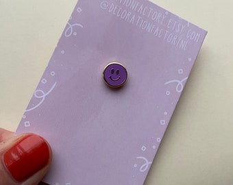 Tiny purple gold plated smiley smile enamel pin// Hard enamel lapel pin gold plated happiness badge brooche small