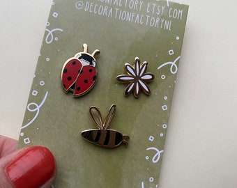 Set of 3 Tiny spring enamel pins // Hard enamel pin, bug pin, animal pin, ladybug pin, nature pin, outdoor pin, small pin, bee pin