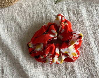 Retro print summer orange with colorful floral pattern scrunchie upcycled