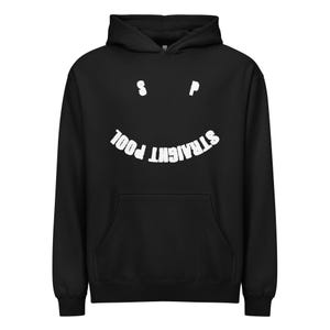 May include: Black hoodie with a white smiley face design. The word "STRAIGHT POOL" is arched across the bottom of the smiley face. The letters "s" and "p" are above the smiley face. The hoodie has a front pocket and a hood.