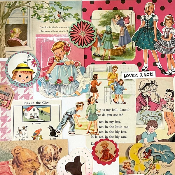 Vintage Paper Pack/Girls Theme Ephemera Kit/50+ Pieces Scrapbook Supplies/Upcycled Vintage Children's Book/Retro/Music/Collage/ 510