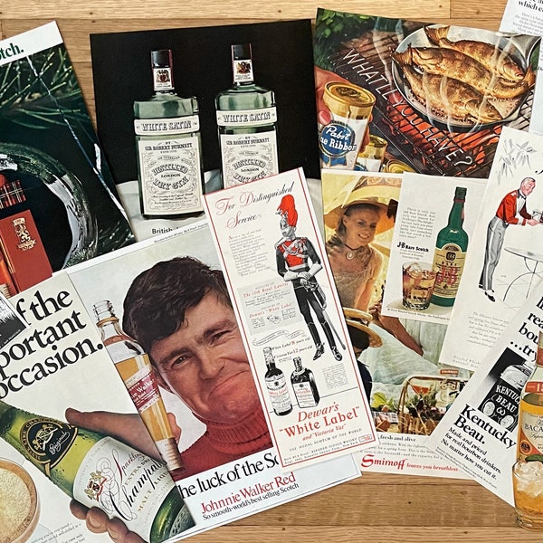 20 Vintage Liquor Ads/Large 1940's-1970's Magazine Ads/Midcentury Alcohol Advertising/Bachelor Pad Man Cave Decor/Collage Decoupage/618