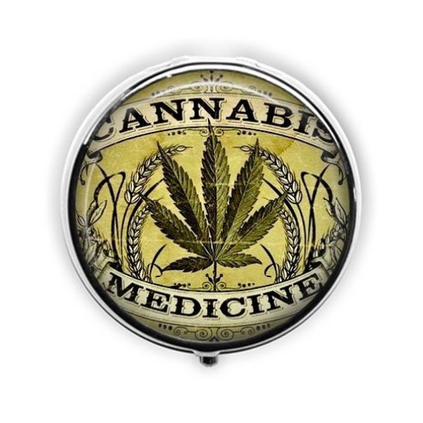 Marijuana stash box, cannabis leaf pill box container, vintage cannabis label, medicine storage, funny weed storage, pot travel pillbox.