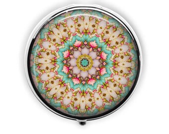 Kaleidoscope pill box, mandala pill case, floral kaleidoscope stash box, earring travel case, mint tin, pink and turquoise, gift for her.