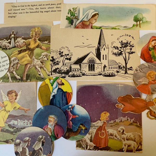 Vintage religious ephemera-more than 35 pieces-free shipping-paper pack-scrapbook supplies-book pages-card making-Catholic Christian