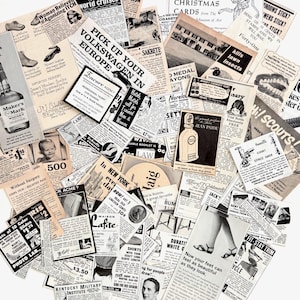 May include: A collage of vintage black and white newspaper advertisements featuring various products and services, including Maker's Mark whisky, Jean Patou perfume, Volkswagen cars, and various household goods, all printed on aged, off-white paper.