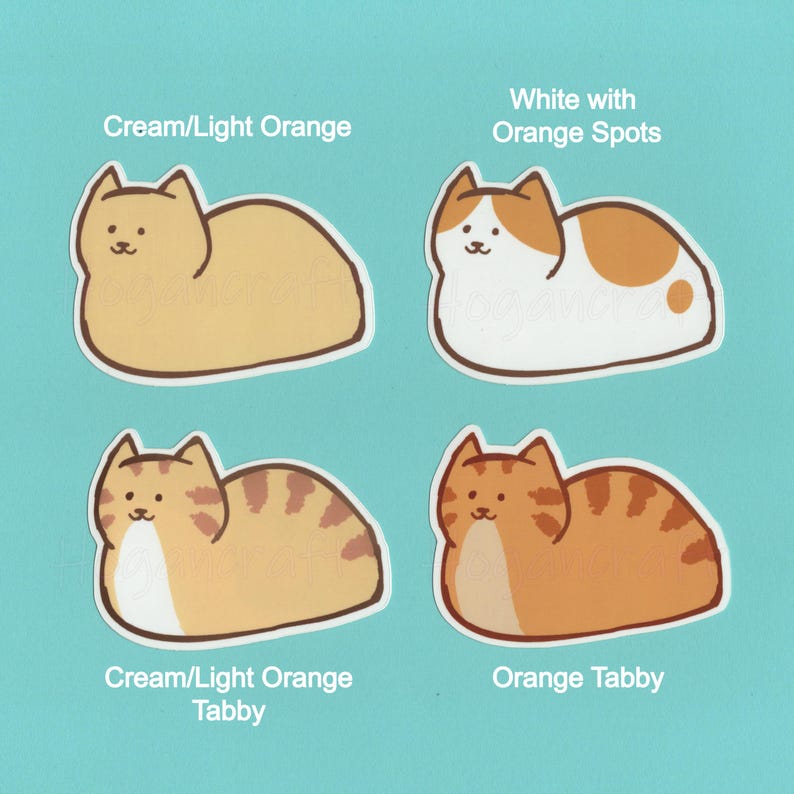 Puede incluir: Cuatro pegatinas de gato ilustradas con diferentes variaciones de color y patrones. Las pegatinas presentan un gato crema y naranja claro, un gato blanco con manchas naranjas, un gato atigrado crema y naranja claro y un gato atigrado naranja.
