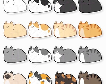 Könnte beinhalten: Eine Sammlung von sechzehn illustrierten Katzenaufklebern, angeordnet in einem vier-mal-vier Raster. Jeder Aufkleber zeigt eine Katze in Laib-Position mit verschiedenen Fellfarben und Mustern, einschließlich einfarbiger, getigerter, dreifarbiger und siamesischer Designs.