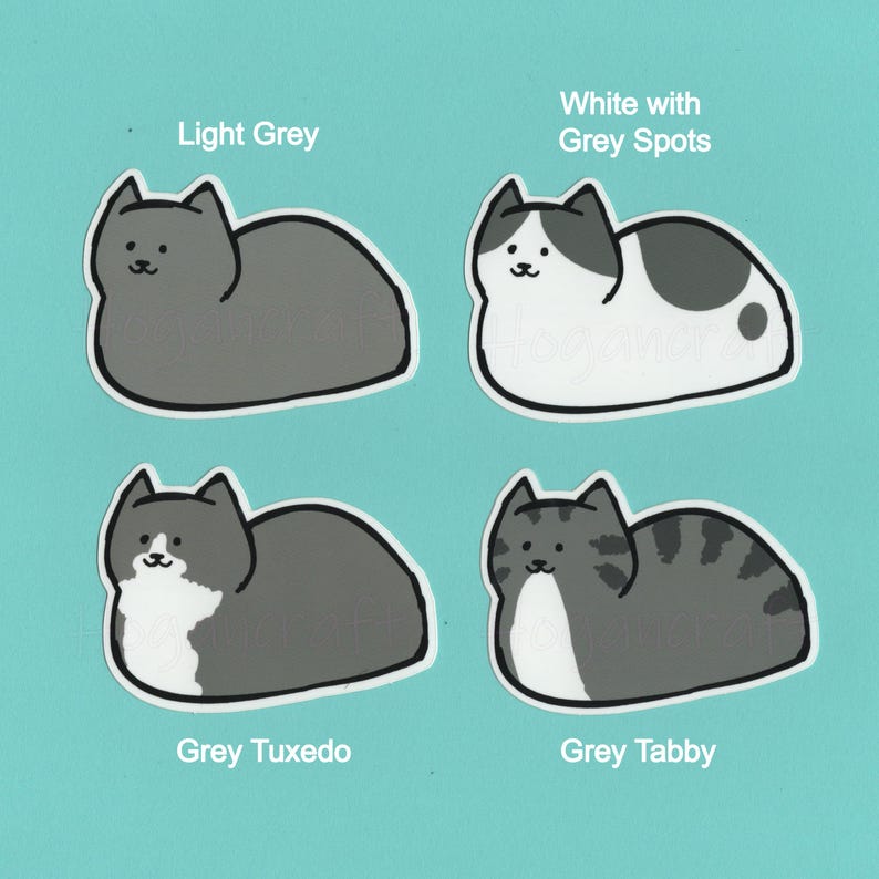 Puede incluir: Cuatro gatos de dibujos animados con diferentes patrones y colores de pelaje. Los gatos est&aacute;n tumbados y tienen el vientre blanco. Los gatos est&aacute;n etiquetados como "Gris claro", "Blanco con manchas grises", "Esmoquin gris" y "Gris atigrado".