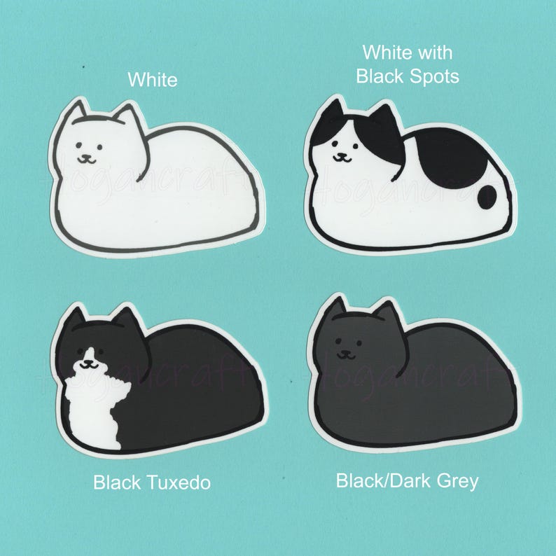 Puede incluir: Cuatro variaciones de color diferentes de una pegatina de gato de dibujos animados. El gato est&aacute; acostado boca arriba. Los colores son blanco, blanco con manchas negras, esmoquin negro y negro/gris oscuro.