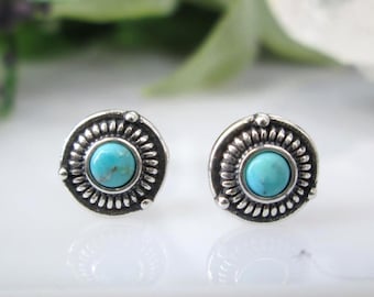 Turquoise Stud Earrings>925 Sterling Silver Genuine Turquoise Earrings,Round Studs,925 Sterling Native Earrings,Custom Tribal,Southwestern