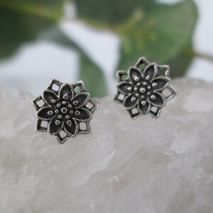 Sterling Lotus Stud Earrings&gt;Oxidized 925 Sterling Lotus Flower Earrings,Lotus Blossom Studs,Dainty Lotus Earrings,Serenity,Peace,925 Studs